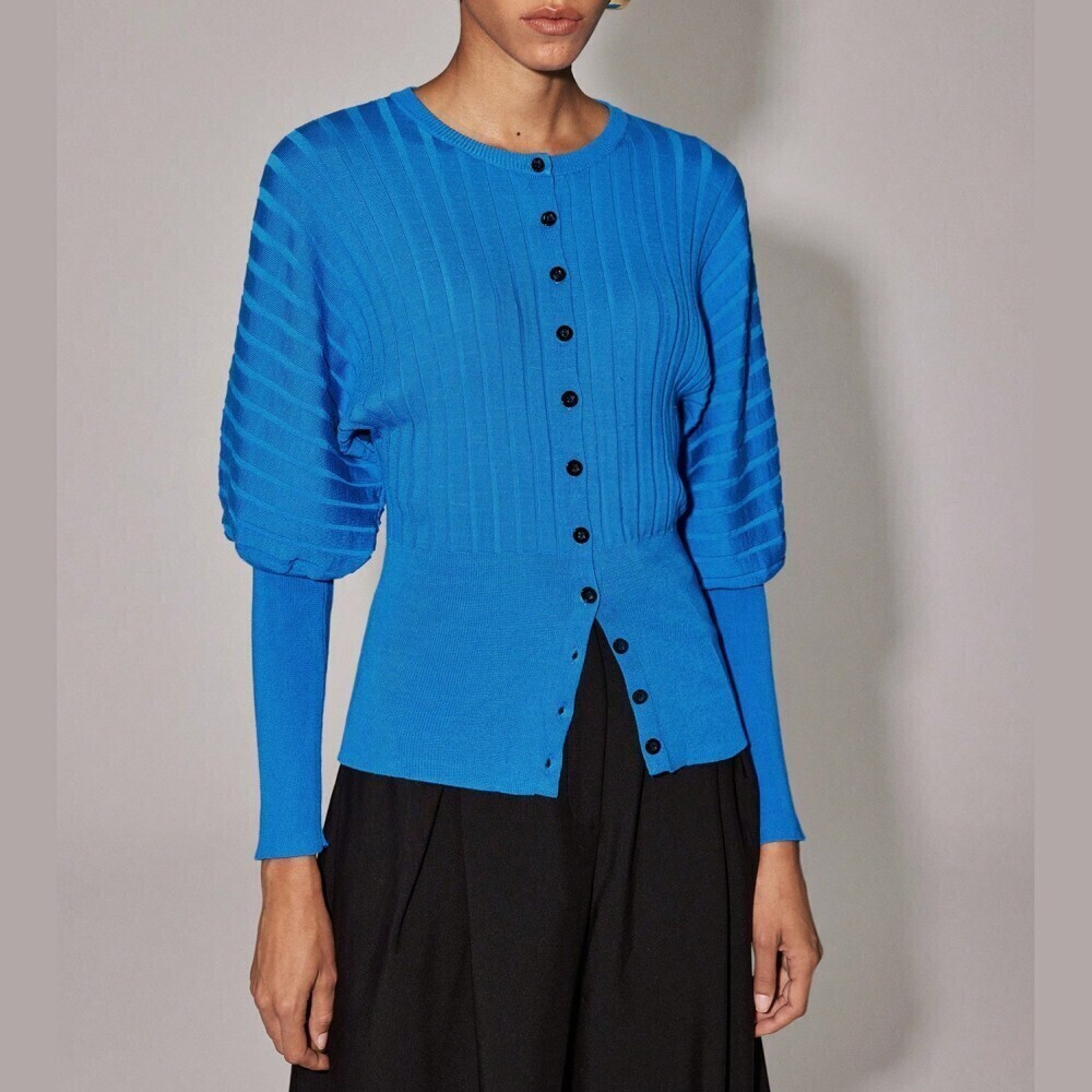Cobalt Blue Ribbed Knit Puff Sleeve Button Front Cardigan
